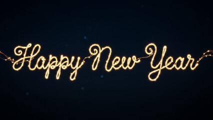 Obraz premium Glowing New Year Wishes: Elegant calligraphy spells out Happy New Year, illuminated by delicate string lights against a deep backdrop, creating a festive atmosphere filled with optimism.