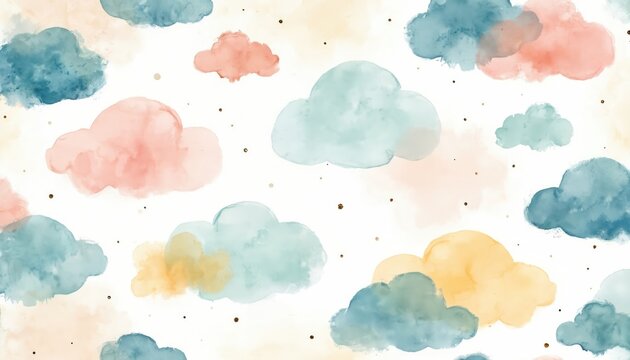 Abstract watercolor painting with fluffy clouds in pastel colors. Soft playful pattern great for kids rooms and decor. Cute dreamy design fits nursery walls and children bedding.