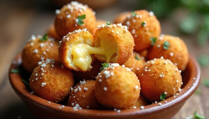 Golden fried cheese balls, a Brazilian snack, served in a rustic bowl. Melted cheese stretches from one halved snack, sprinkled with herbs and cheese.