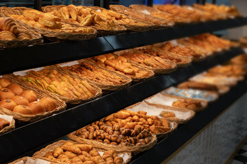 Fresh pastry bakery display croissant baguette bread roll puff pastry sweet bun baked goods golden crust food market
