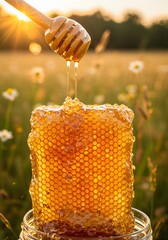 꿀 디퍼에서 떨어지는 황금빛 벌꿀