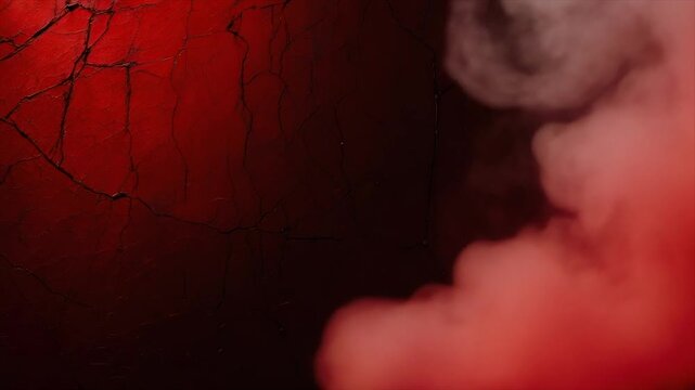 A cracked red surface meets cloud-like shapes of a similar hue, blending into a dark abyss