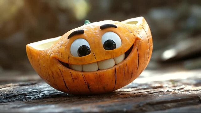 Smiling pumpkin character in a forest setting