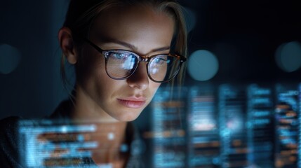 Software coding hologram and woman on tablet.