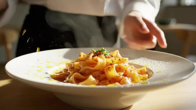 Chef Expertly Drizzles Golden Olive Oil Over Steaming Papardelle Pasta Garnished With Red Chili Flakes and Fresh Parsley In A White Ceramic Bowl
