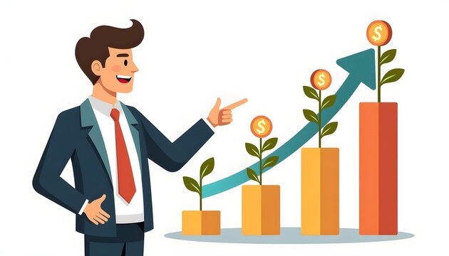 Businessman points to growing plants representing financial investment success