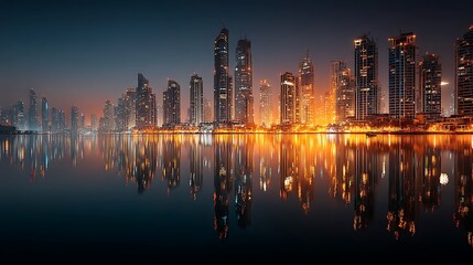 Modern skyscrapers glowing under night city lights high resolution photo