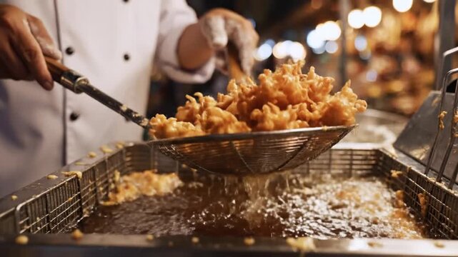 Chef Frying Delicious Crispy Golden Fried Seafood in Hot Oil During Evening Food Market Festival Illuminated by Warm Bokeh Lights