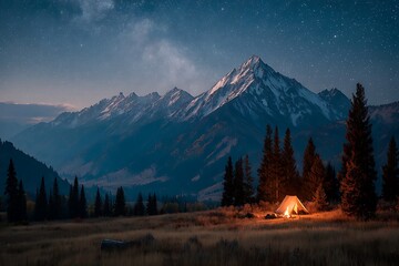Mountain camping under starry night sky high resolution photo