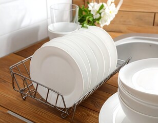 Clean dishes stacked and drying in a wire rack beside a sink