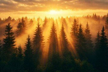 Obraz premium Golden sunbeams streaming through misty forest trees