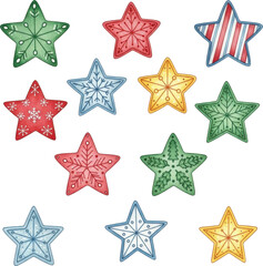 Obraz premium Collection of colorful hand drawn stars with various patterns isolated on transparent background