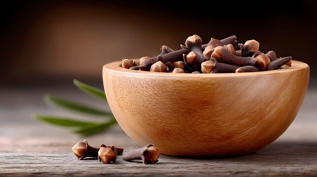 Dried clove buds in wooden bowl on rustic table. Warm spice, cooking ingredient, aroma, seasoning, natural food