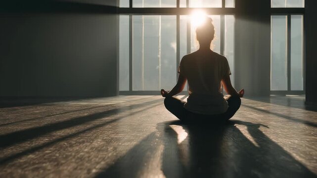 A tranquil scene of a woman meditating in lotus pose on a wooden floor, bathed in warm morning sunlight. The peaceful studio setting promotes wellness, tranquility, and mental clarity