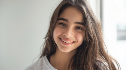 Naklejka premium Portrait of young beautiful cute cheerful girl smiling looking at camera over white background.
