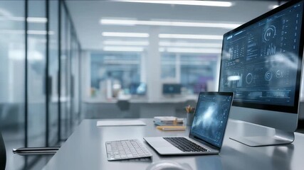 Contemporary office desk setup with advanced technology, including a laptop and monitor showing data visualizations. Clean, minimalistic design emphasizes productivity and innovation - Powered by Adobe