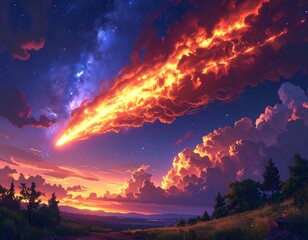 Naklejka premium Stunning celestial scene comet streaks through colorful sunset sky