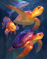 Ocean life painting with turtles and dolphin high resolution photo