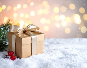 Close-up of a festive wrapped present on snow with bokeh lights