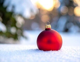 Close-up of a festive red bauble in snow with soft sunlight