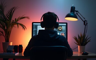 Rear view of a gen z person working remotely. High quality