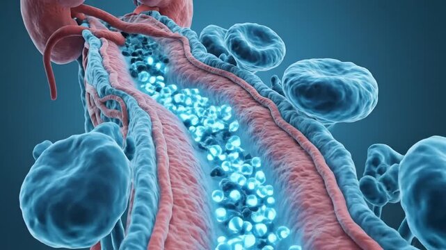 Close-up Microscopic View of Blood Flow Through Artery Showing Red Blood Cells and Flowing Plasma Particles in Medical Blue Tones