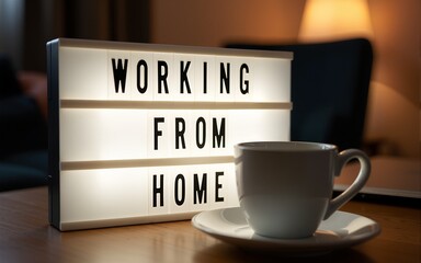 Working from home remote work inspirational social media lightbox message board next to laptop and coffee cup for COVID-19 quarantine closure of all businesses. High quality
