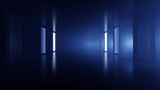 Abstract dark sci-fi geometric tunnel space with neon, modern architecture corridor with leading towards a data speed light, Tech or digital futuristic interior, 3d looping animation