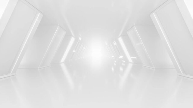Abstract sci-fi geometric tunnel space with neon, modern architecture corridor with leading towards a data speed light, Tech or digital futuristic interior, 3d looping animation
