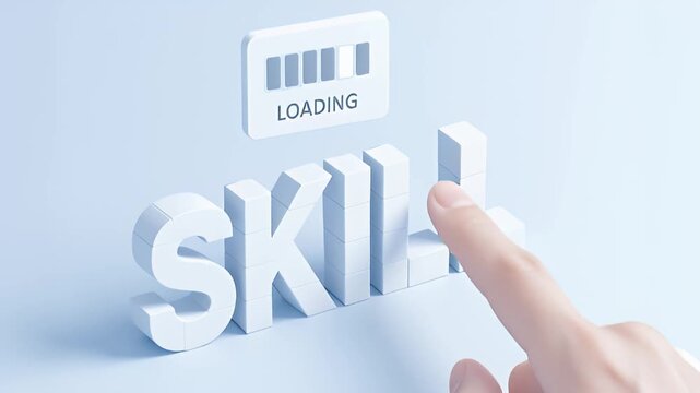 Skill development concept featuring white 3D letters with finger and hand interaction, loading bar symbolizing progress, growth, improvement, and ability enhancement in digital skill development