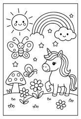 Fototapeta premium A Magical Unicorn Adventure Coloring Book for Kids with Rainbows Butterflies and Smiling Nature