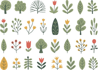 Assorted Flat Design Botanical Elements and Trees nature plants
