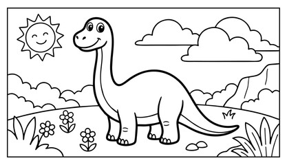 Fototapeta premium Bring vibrant colors to life with a friendly smiling dinosaur exploring a cheerful prehistoric landscape for young imaginations
