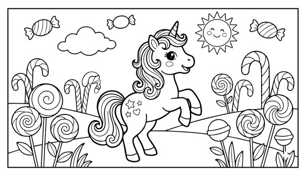 A whimsical coloring page for children featuring a happy unicorn exploring a magical candy land under a bright sun
