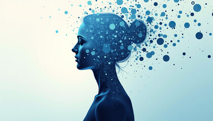 Blue Monday. Silhouette of a woman with a floating abstract pattern of blue dots representing thoughts and emotions