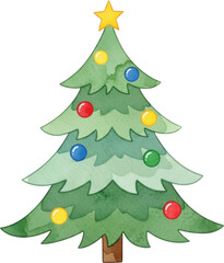 Fototapeta premium Christmas tree decorated with colorful baubles and star isolated on transparent background
