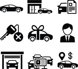 Car Dealership Icons Showing Car Sales and Services on White Background automobile vehicle