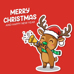 Fototapeta premium Cute Christmas Reindeer with Holiday Trumpet
