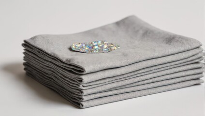 Stack of Folded Gray Linen Napkins with Pearl Brooch.