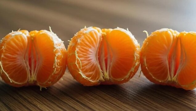 Three peeled tangerines arranged on a wooden surface.