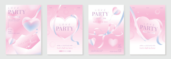 Valentine's Day sale poster vector set with pastel pink purple gradient background heart shapes clouds and ribbon elements. Romantic promotion design for social media posts stories banners and flyers.