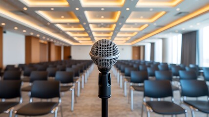 microphone is set up in conference room, ready for business meeting or presentation, with rows of empty chairs and modern ceiling design. High quality.