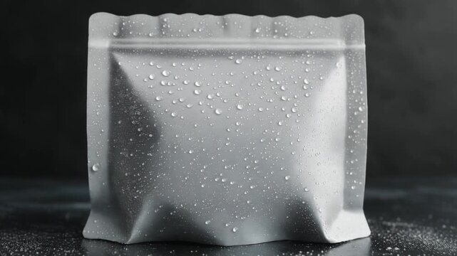 A sealed silver pouch with water droplets, perfect for product packaging mockups and design inspiration