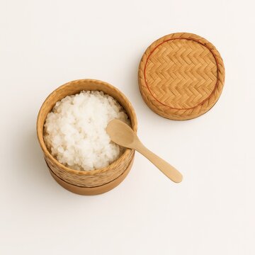 Top view open woven bamboo kratip sticky rice container with lid beside clean rice portion and small wooden spoon on white background traditional thai food serving design
