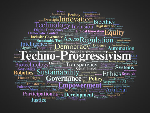 Techno progressivism Word Cloud. Core Concepts on Ethical Innovation and Progressive Technology
