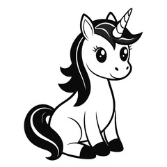 cute sitting unicorn pose line art silhouette vector illustration