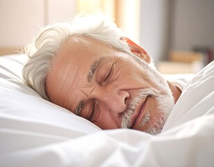 Close-up of a senior gentleman peacefully asleep in white bedding