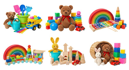 Obraz premium colorful children's play toys set with stuffed animals building blocks and rainbow on a