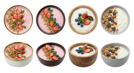 assorted delicious yogurt bowls adorned with fresh berries and granola isolated on transparent