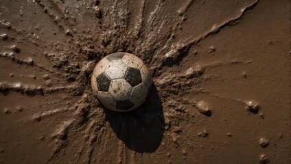 Soccer ball splashing in muddy water during a game.